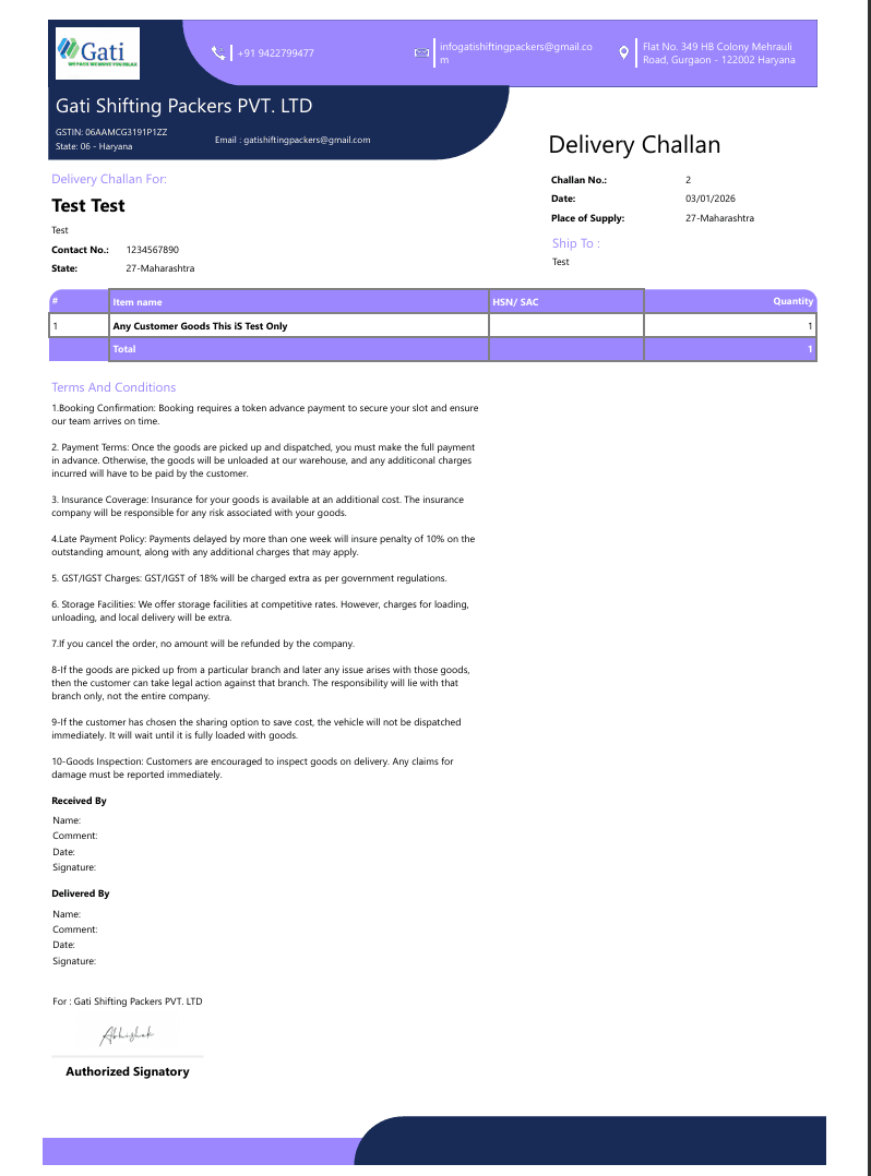 Sample delivery challan document