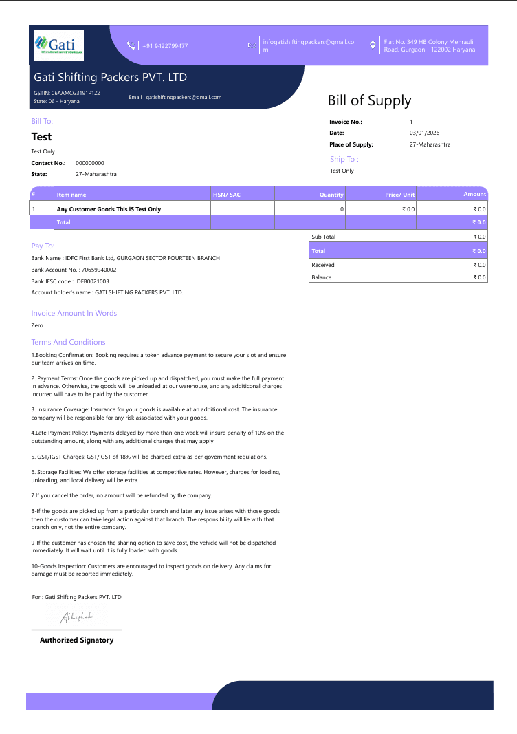 Sample GST tax invoice document